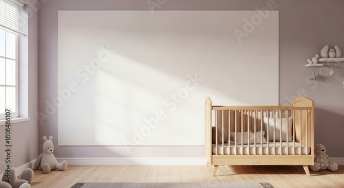 3d render children room, light cozy interior with wooden crib