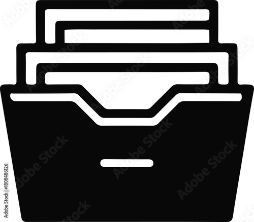 Document archive folder icon for organization, Black archive folder icon with multiple documents, representing storage, organization, filing systems, and digital or physical data management.


