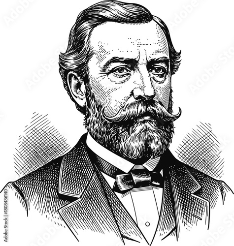 Engraved style portrait of an old fashioned man with facial hair and formal wear