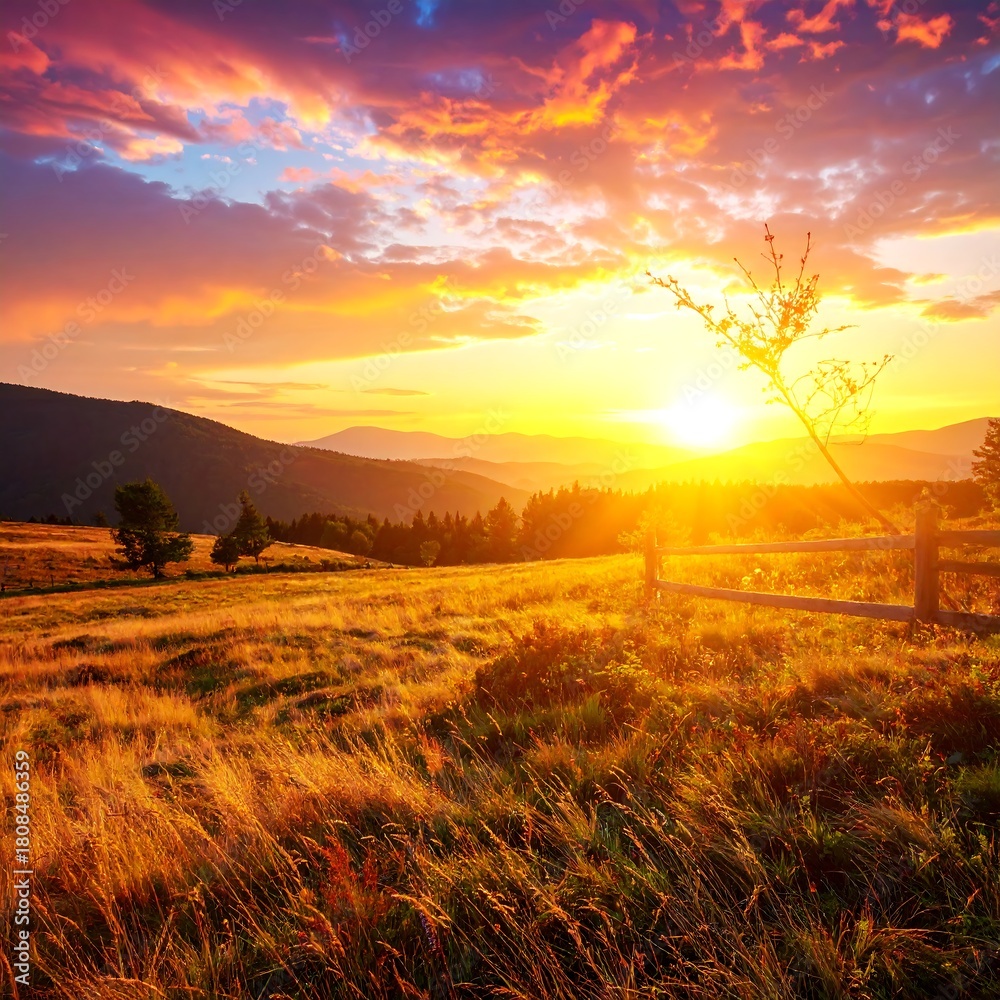 Fototapeta premium A vibrant sunset paints the sky with fiery hues. Gently rolling hills lead to distant mountains, illuminated. A wooden fence rests on golden grass