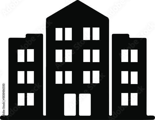 City building icon simple silhouette, Black silhouette icon of a multi-story building complex with windows, useful for urban themes, real estate, architecture, and city design graphics.

