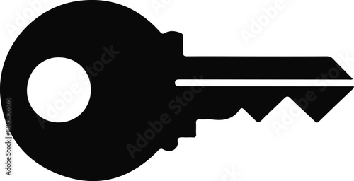 Black key silhouette icon graphic, Minimal black key silhouette illustration commonly used for security, access, login symbols, and lock-related design concepts in digital or print media.

