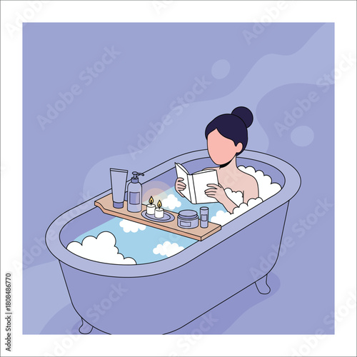 Woman relaxing in a bubble bath reading a book with candles and bath products bathtub