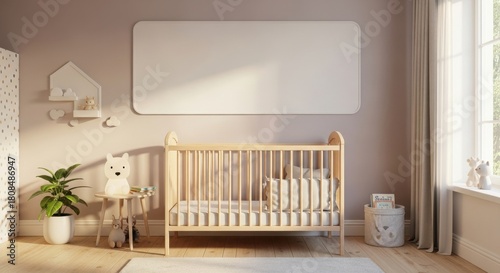 Fototapeta Naklejka Na Ścianę i Meble -  3d render children room, light cozy interior with wooden crib