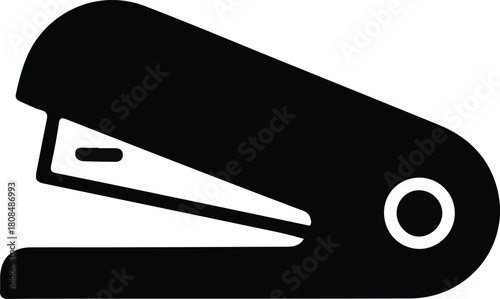 Simple stapler icon for office supplies, Minimal black stapler silhouette representing office tools, paperwork organization, stationery equipment, and workplace productivity in a clean graphic style.

