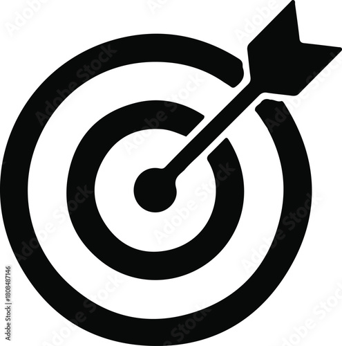 Bullseye target icon for goal achievement, Minimal black bullseye target with an arrow hitting the center, symbolizing goals, success, accuracy, strategy, and business focus.

