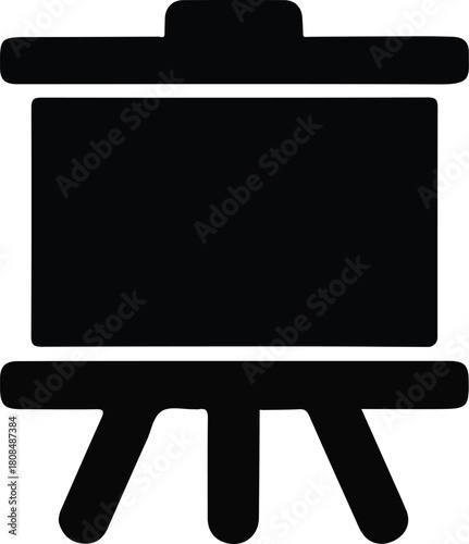 Blank presentation board training icon graphic, Simple black silhouette icon of a presentation board on a stand, commonly used for training, meetings, lessons, and business planning visuals.

