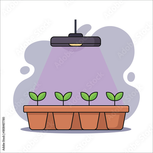 Seedlings growing under a grow light in a planter tray plants sprout