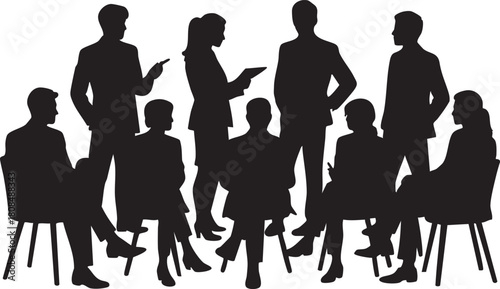 Silhouette shows diverse team collaborating during formal meeting while some present their ideas