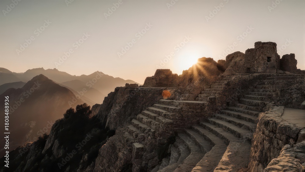 Obraz premium Inca Citadel of Machu Picchu at Sunrise with Sunbeams.