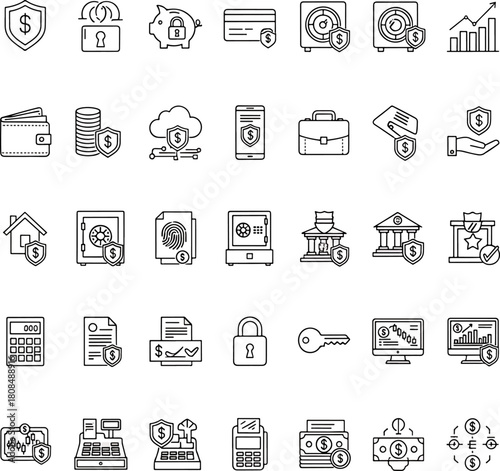 Collection of Finance and Security Icons Featuring Shields, Safes, Wallets, and Money, representing secure transactions and financial protection
