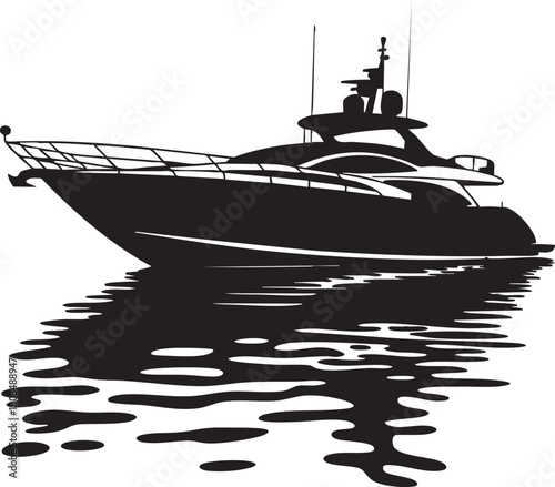 A stylish yacht rests peacefully on calm water showing a striking reflection, transparent background