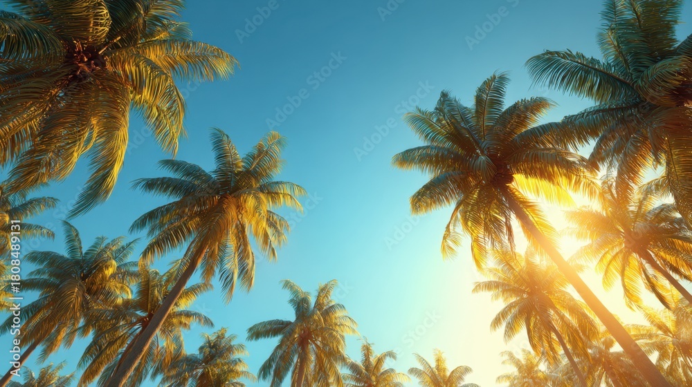 Obraz premium Palm trees reach towards a vibrant sky as sunlight bathes the scene in a warm golden glow during a peaceful sunset. Nature's beauty shines brightly.