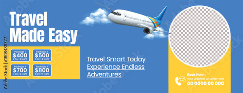 travel sale horizontal banner and travel agency website header for vacation package promotion, hotel and resort booking, flight ticket booking, and travelling agency business advertisement template