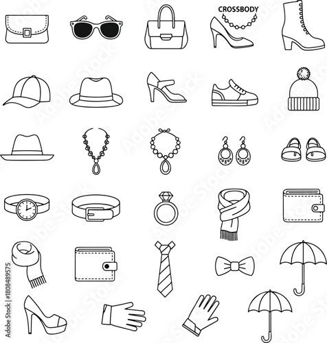 Collection of Vector Icons Representing Fashion Accessories, Clothing, and Footwear Elements for Stylized Designs