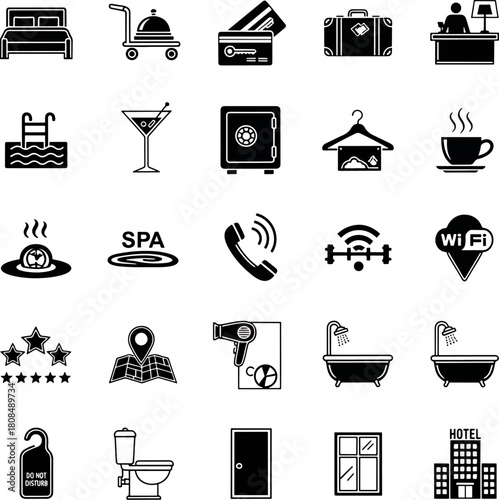 Hotel icons set featuring bed, luggage, safe, spa, bathtub, hairdryer, wifi, and do not disturb sign