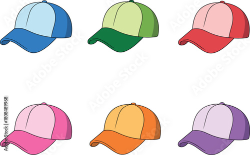 Colorful baseball caps collection in various bright shades, simple minimal design, cad drawing flat vector illustration, stylish accessories isolated set