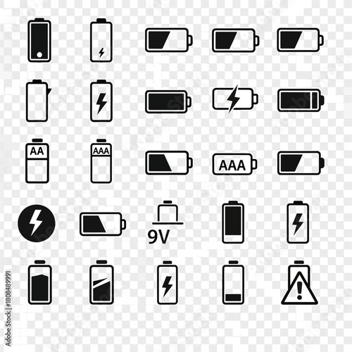 Collection of Battery Icons and Symbols Representing Power Charge Levels and Types AA AAA 9V Lightning Bolt