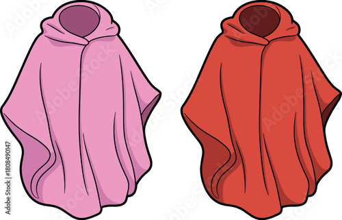 Colorful hooded poncho clothing set, soft draped fabric design, cozy fashion garment collection, cartoon style, cad drawing flat vector illustration