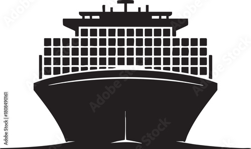 Black silhouette showcases a fully loaded cargo container ship sailing through the ocean