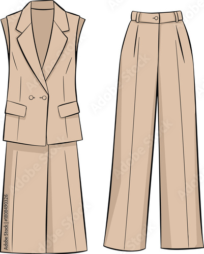 Elegant beige women’s vest and wide-leg trouser set fashion flat sketch with tailoring details, technical clothing outline, cad drawing flat vector illustration