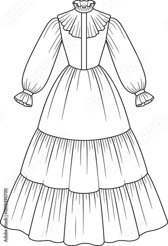 Elegant tiered maxi dress fashion flat sketch with ruffle neckline and long sleeves, technical garment drawing, cad drawing flat vector illustration