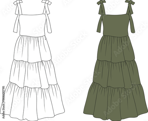 Elegant tiered maxi dress with bow tie shoulder straps, solid color and outline versions, women’s summer fashion apparel design vector illustration