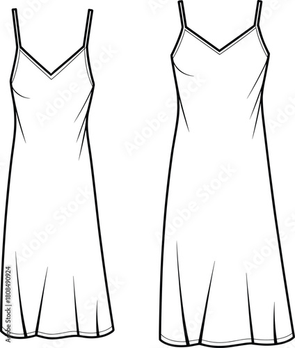 Elegant women’s slip dress fashion flat sketch with spaghetti straps and flared hem, cad drawing flat vector illustration template