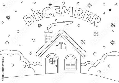 December Coloring Book Page Winter House and Snowflakes for Creative Fun