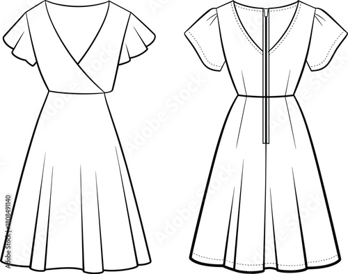 Elegant wrap dress fashion flat sketch with flutter sleeves, detailed technical drawing, stylish apparel vector template for garment design and illustration