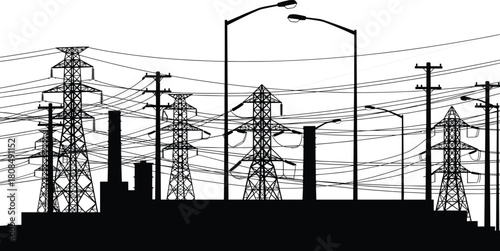 Black silhouette of high voltage power lines, electric pylons, and street lights, industrial energy vector illustration, isolated on white background.