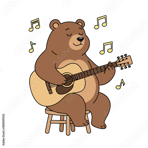 A cute cartoon brown bear sitting on a stool and happily playing an acoustic guitar with musical notes floating around.