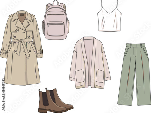 Fashion clothing outfit set with trench coat, cardigan, trousers, camisole, backpack and boots illustration, modern apparel flat sketch vector design