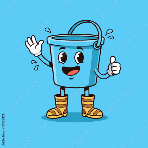 A cheerful cartoon blue bucket character with arms, legs, and boots, waving and giving a thumbs up on a light blue background.