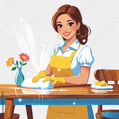 cartoon animation of woman cleaning table