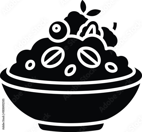 Black silhouette of a bowl of oatmeal with berries and nuts