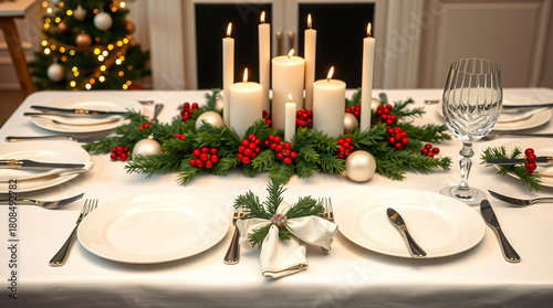 Elegant Christmas Dinner Table Setting with Lit Candles, Evergreen Centerpiece, and Formal Place Settings Against a Festive Blurred Christmas Tree Background