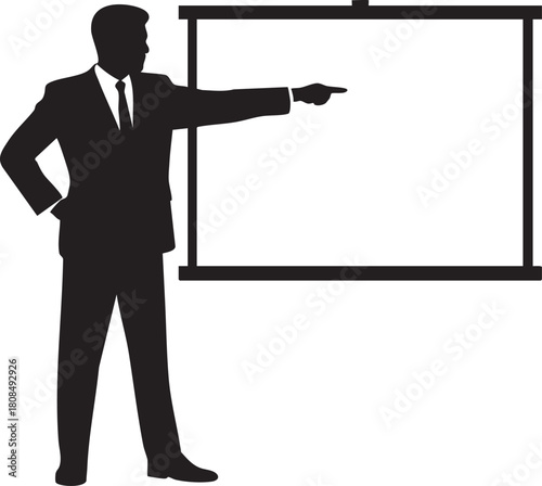 Silhouette of a businessman with suit points toward an empty presentation screen displayed transparently