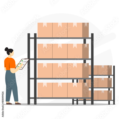 Illustration of a warehouse worker checking inventory on shelves filled with boxes, representing storage management, stock control, and logistics operations.