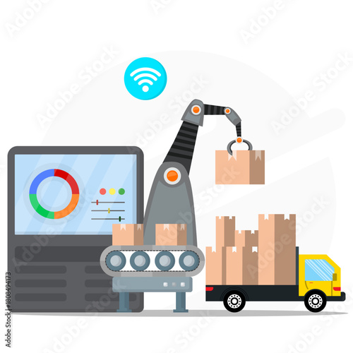Illustration of smart automation with a robotic arm, conveyor, and digital control system loading boxes onto a truck for modern logistics and industry