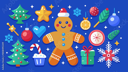 Christmas Homemade Gingerbread Cookies and Holiday Decorations on Blue Background – Festive New Year Creative Concept Vector Art Illustration