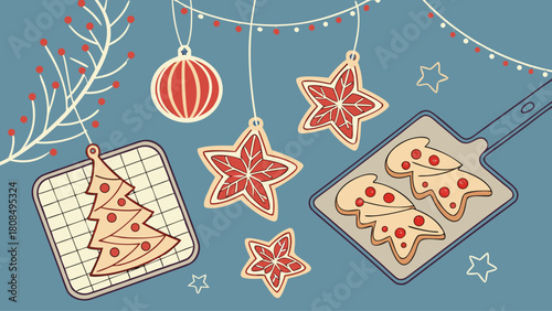 Christmas Homemade Gingerbread Cookies and Holiday Decorations on Blue Background – Festive New Year Creative Concept Vector Art Illustration