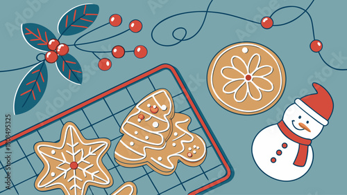 Christmas Homemade Gingerbread Cookies and Holiday Decorations on Blue Background – Festive New Year Creative Concept Vector Art Illustration