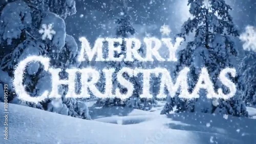 Snowy Winter Christmas Card with Pine Trees and Frosty ‘Merry Christmas’ Text