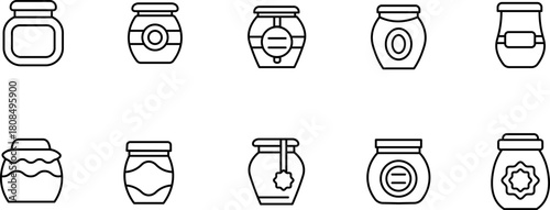 Outline icon set of various jars and storage containers in simple line style for labeling and UI design.