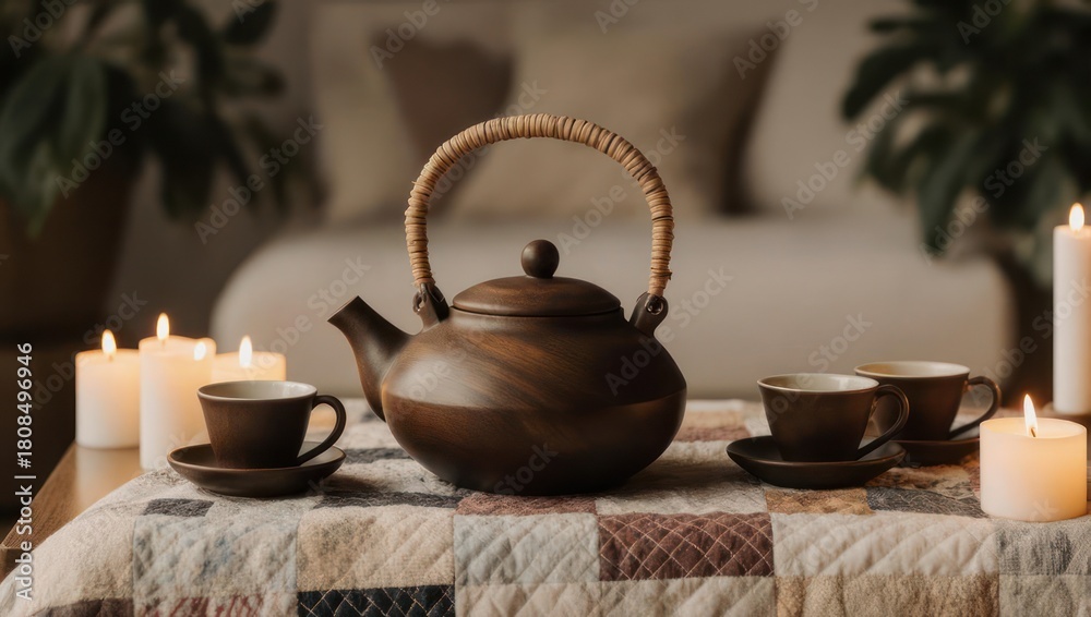 Fototapeta premium Cozy Tea Ceremony with Candles and Plants.