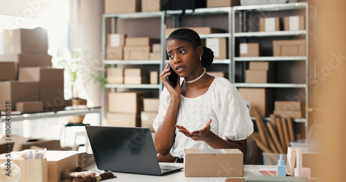 Φωτογραφία Upset, woman and phone call for logistics, startup and worried for delivery delay and communication
