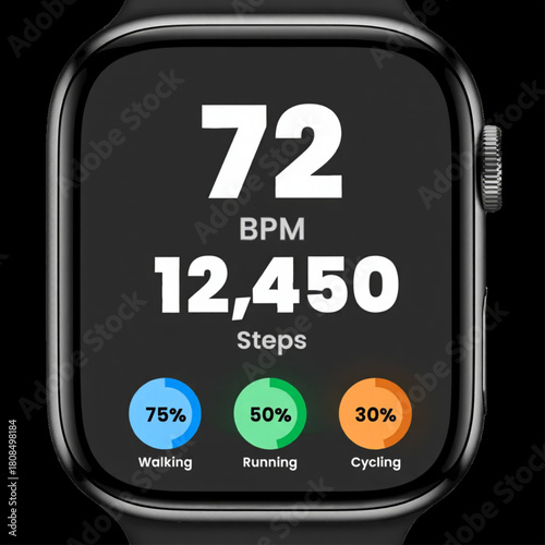 Smartwatch display showing heart rate and step count with activity goals