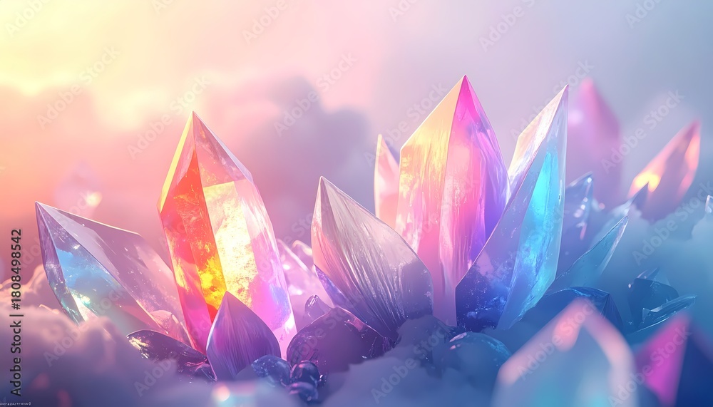 Fototapeta premium Vibrant Crystal Formations Bathed in Ethereal Light and Soft Clouds.
