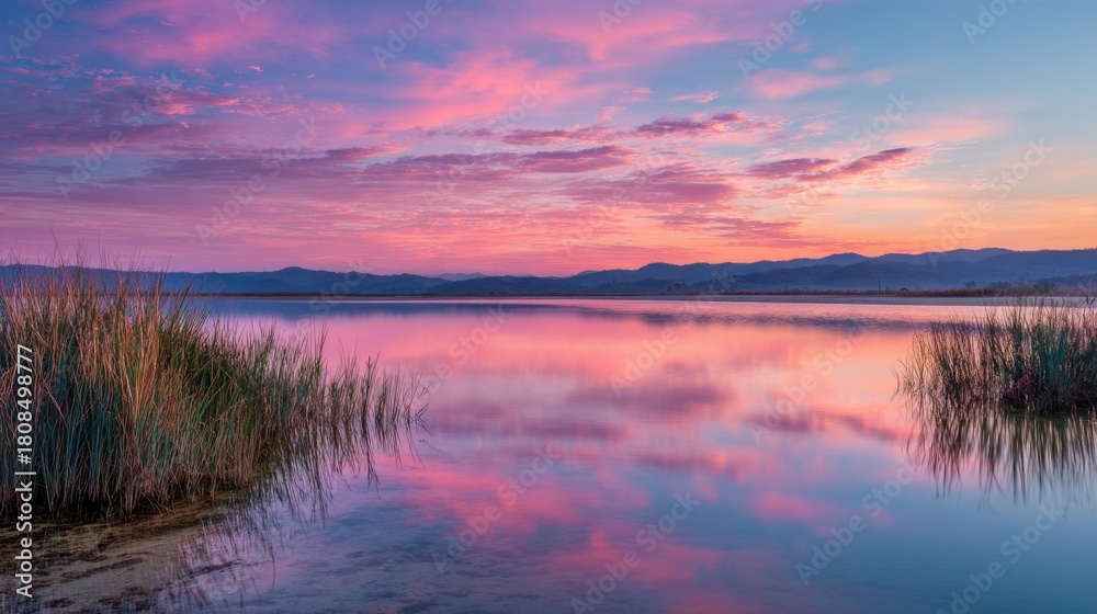 Obraz premium A vibrant sunrise colors the sky above a tranquil lake. Pink and purple hues reflect off the water surrounded by tall grasses and distant mountains.